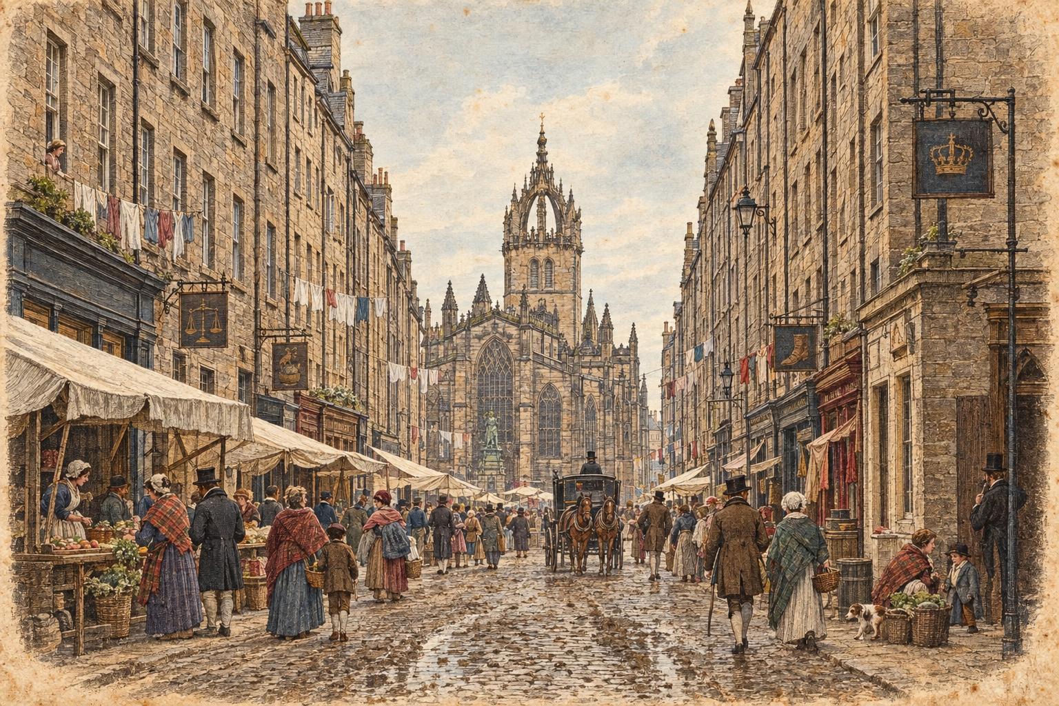 Illustrative reconstruction of the same view circa 1824: market stalls, townspeople in Georgian dress and a horse-drawn carriage on muddy cobbles.
