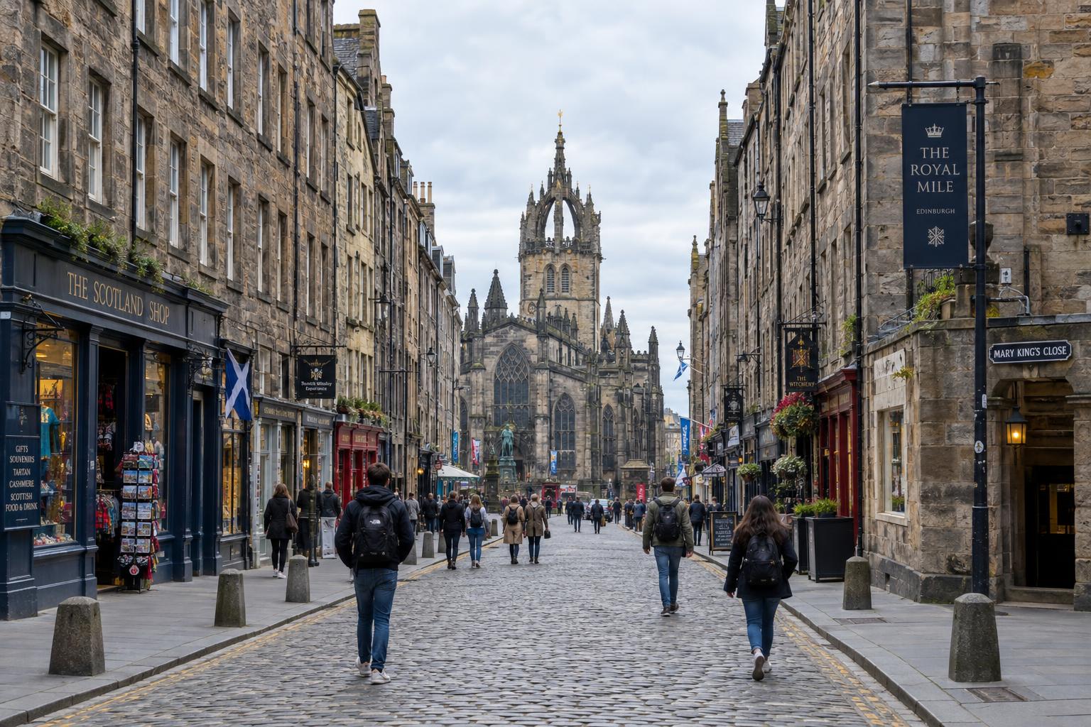 Illustrated view of the High Street today: cobbled Royal Mile looking east toward the crown steeple of St Giles' Cathedral, pedestrians in modern dress between stone tenements.