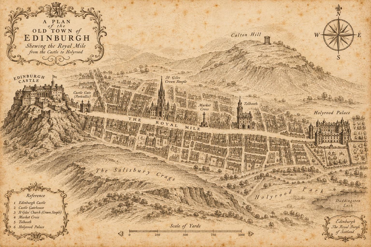 Specimen engraved-style map of Edinburgh Old Town: the Royal Mile running downhill from Edinburgh Castle on the left past St Giles' steeple, the Market Cross and Tolbooth to Holyrood Palace on the right, with Calton Hill and the Salisbury Crags around it.